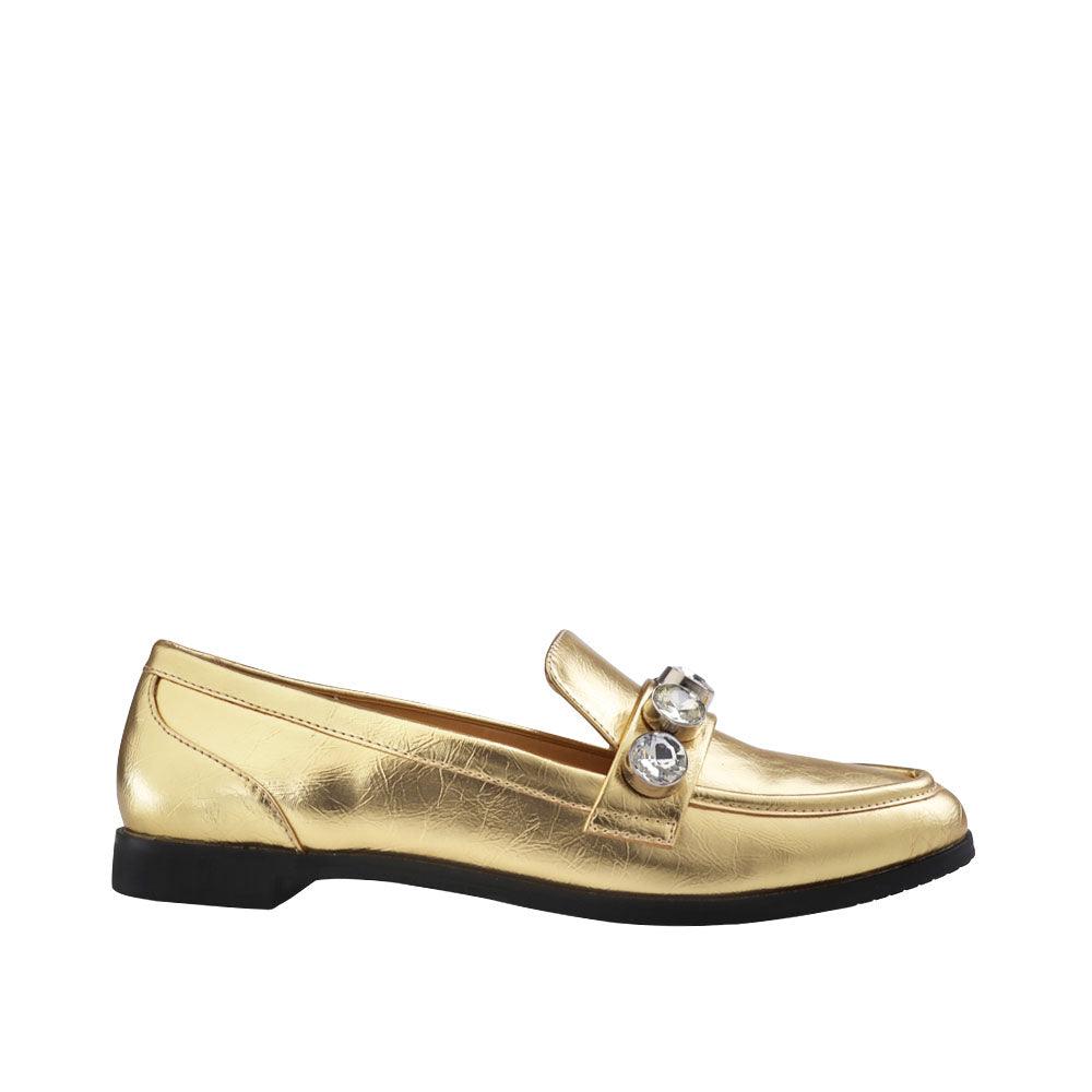 Gold flats with rhinestone embellishment upper and slip-on style 