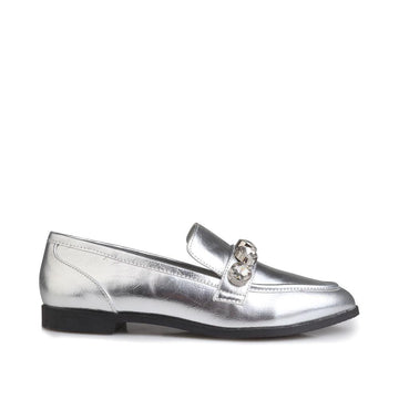 Silver flats with rhinestone embellishment upper and slip-on style 