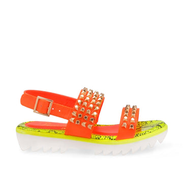 Neon orange leatherette women's slide on shoes with studs-side view