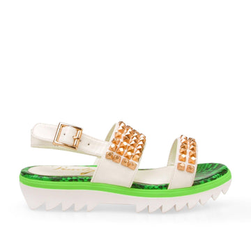 White leatherette women's slide on shoes with studs-side view
