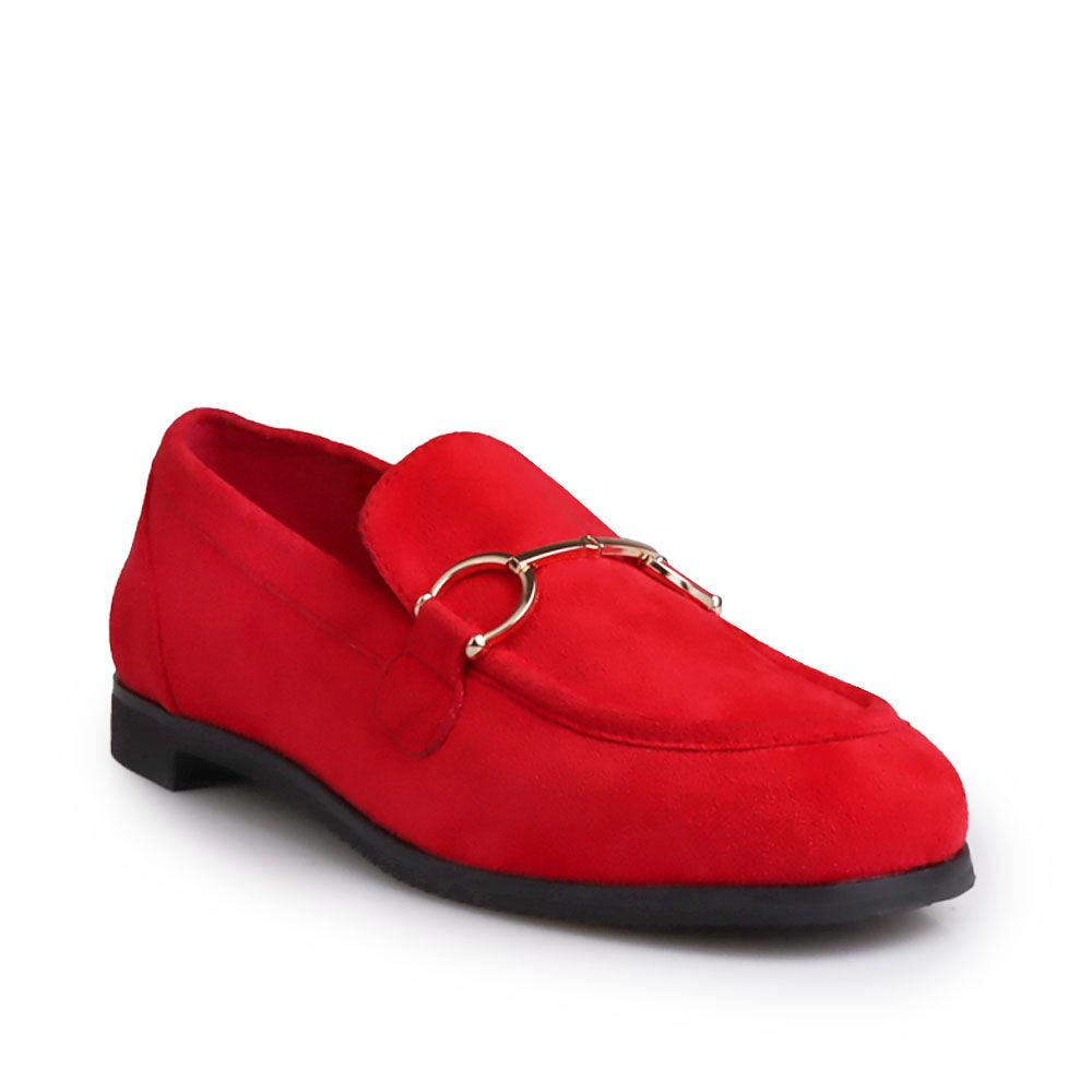 Vegan suede and synthetic soled wood women shoe in red-corner view