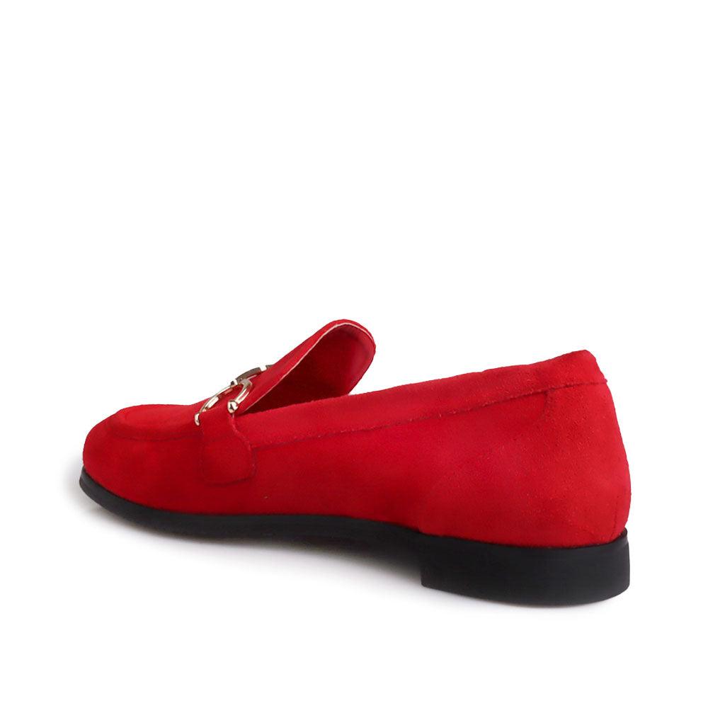 Vegan suede and synthetic soled wood women shoe in red-posterior view