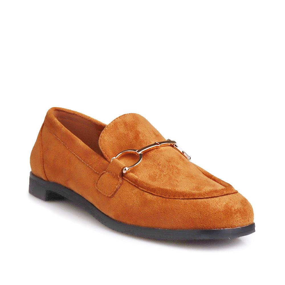 Cognac coloured vegan suede and synthetic soled wood women shoe-corner view