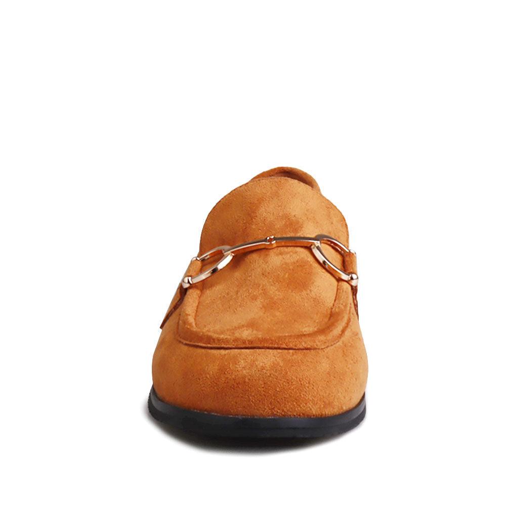 Cognac coloured vegan suede and synthetic soled wood women shoe-front view