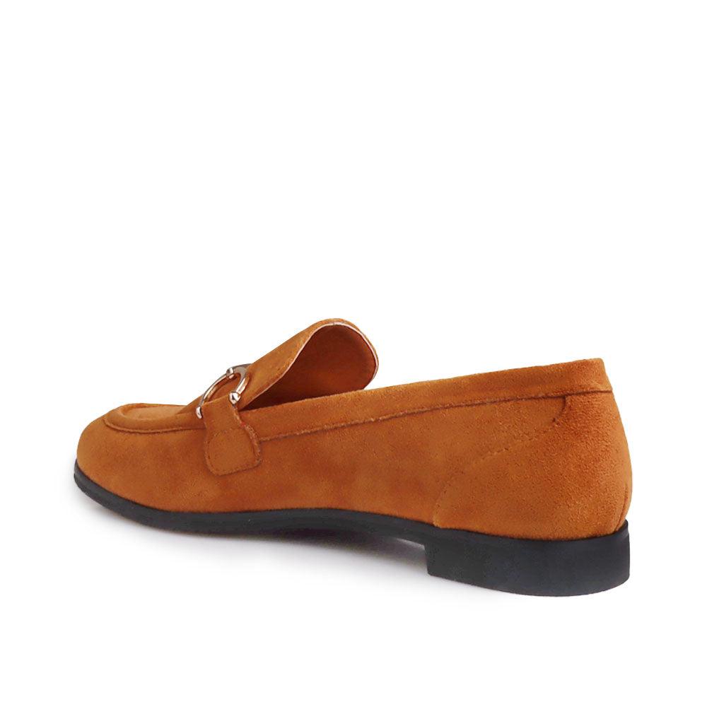 Cognac coloured vegan suede and synthetic soled wood women shoe-posterior view