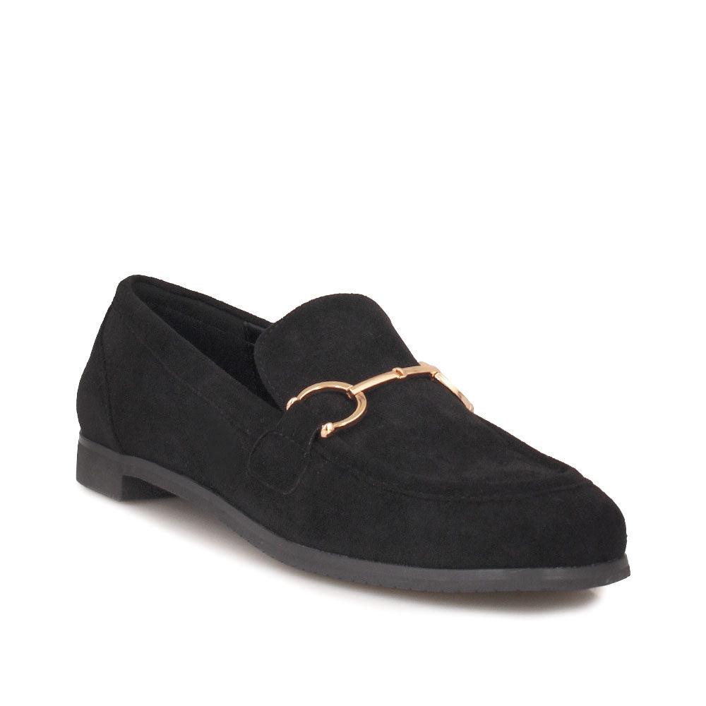 Black coloured vegan suede and synthetic soled wood women shoe-corner view