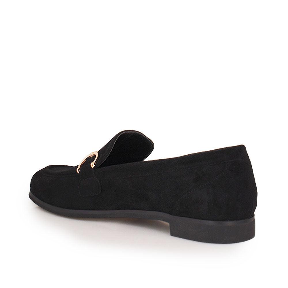 Black coloured vegan suede and synthetic soled wood women shoe-posterior view