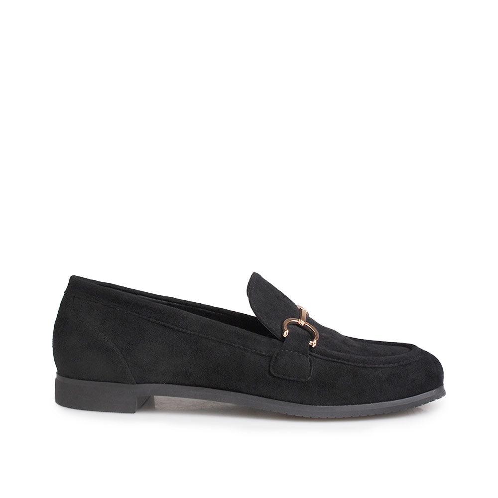 Black coloured vegan suede and synthetic soled wood women shoe-side view