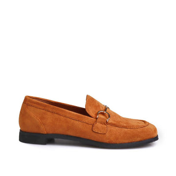 Cognac coloured vegan suede and synthetic soled wood women shoe-side view