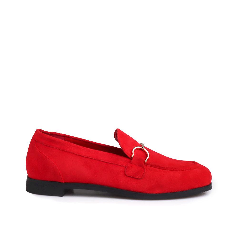 Vegan suede and synthetic soled wood women shoe in red-side view