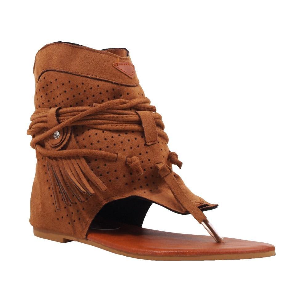 Camel coloured retro women sandal gladiator with vintage casual tassel- corner view