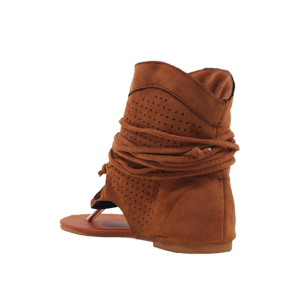 Camel coloured retro women sandal gladiator with vintage casual tassel -posterior view