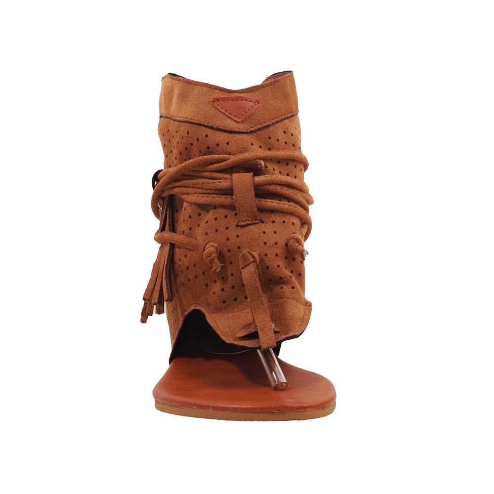 Camel coloured retro women sandal gladiator with vintage casual tassel -front view