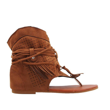 Camel coloured retro women sandal gladiator with vintage casual tassel -side view