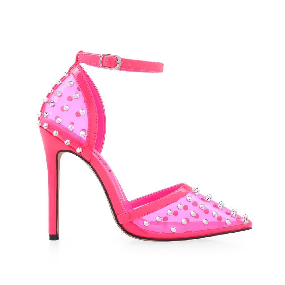 Pink colored women heels with transparent vinyl upper and back