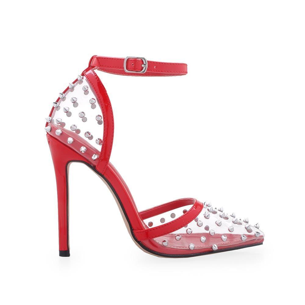 Red colored women heels with transparent vinyl upper and back