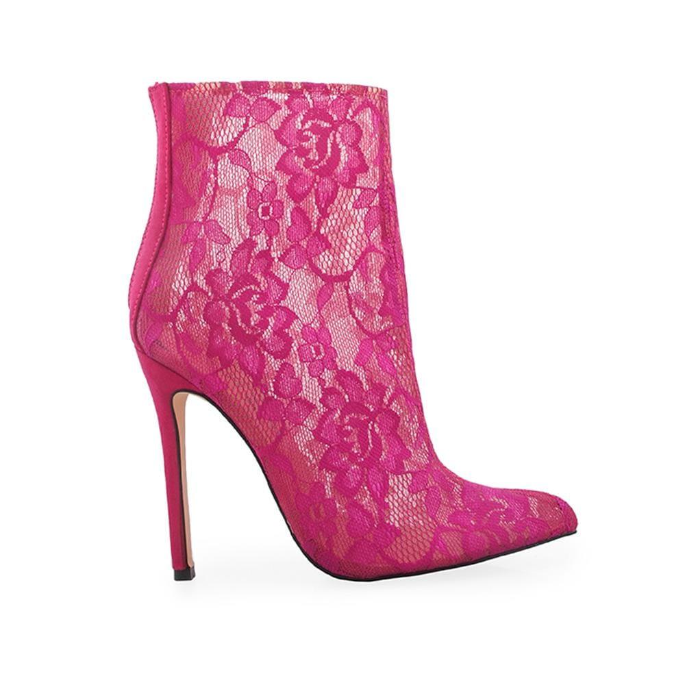 Pink women booties with stiletto heel and lace textile upper 