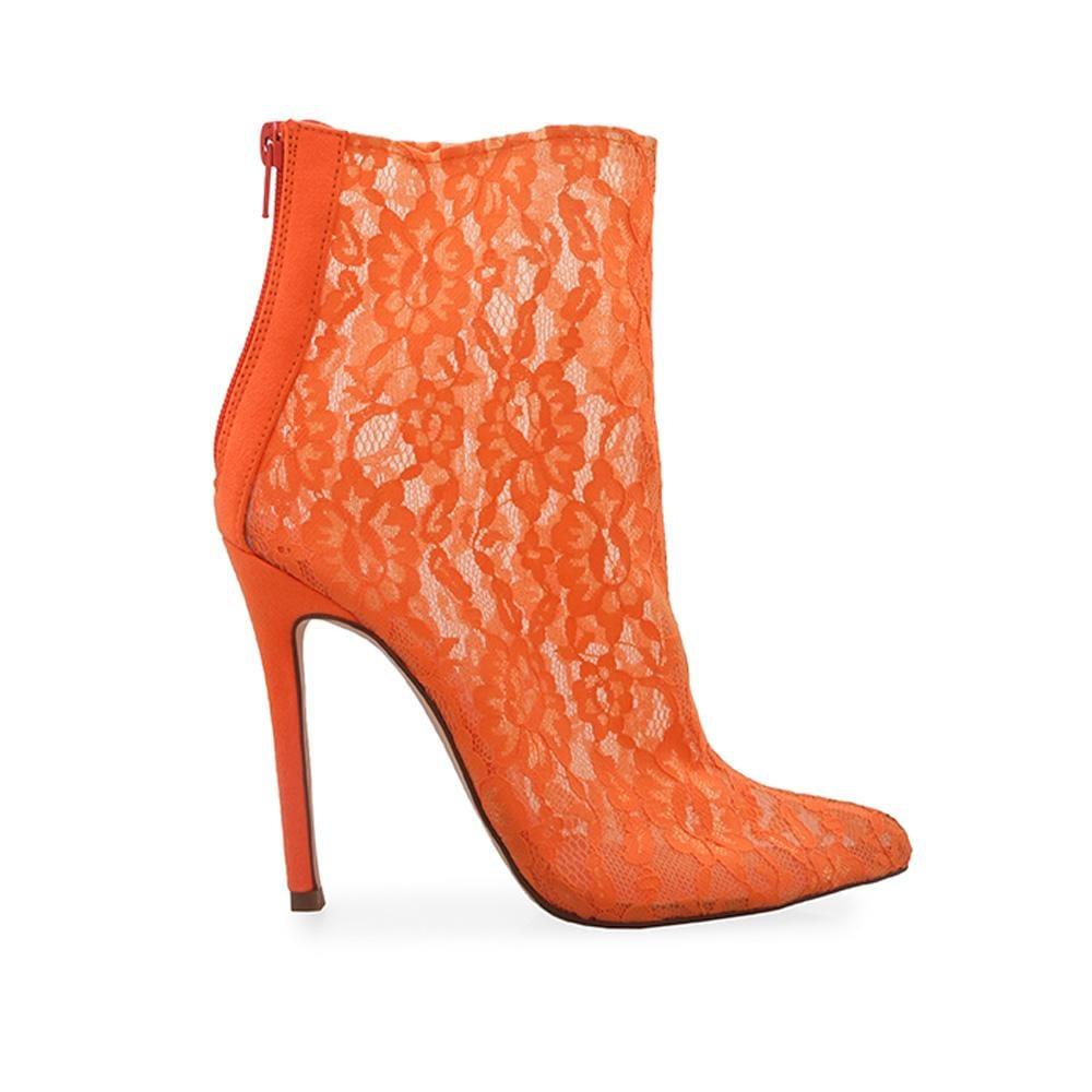 Orange women booties with stiletto heel and lace textile upper 