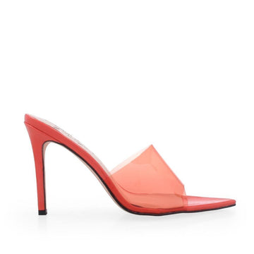 Orange colored women's slip-on heels with transparent vinyl upper