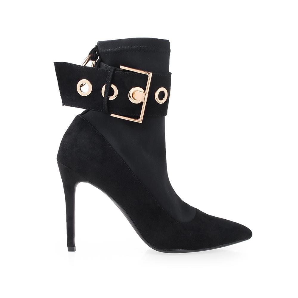 Black velvet women booties with stilleto heels and golden buckle