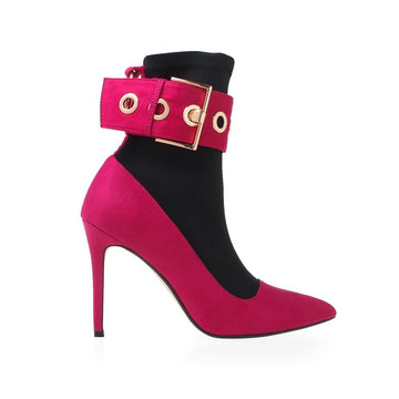 Pink and black velvet women booties with stilleto heels and golden buckle