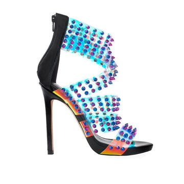 Black women heels with multi colored vinyl upper covered with beads