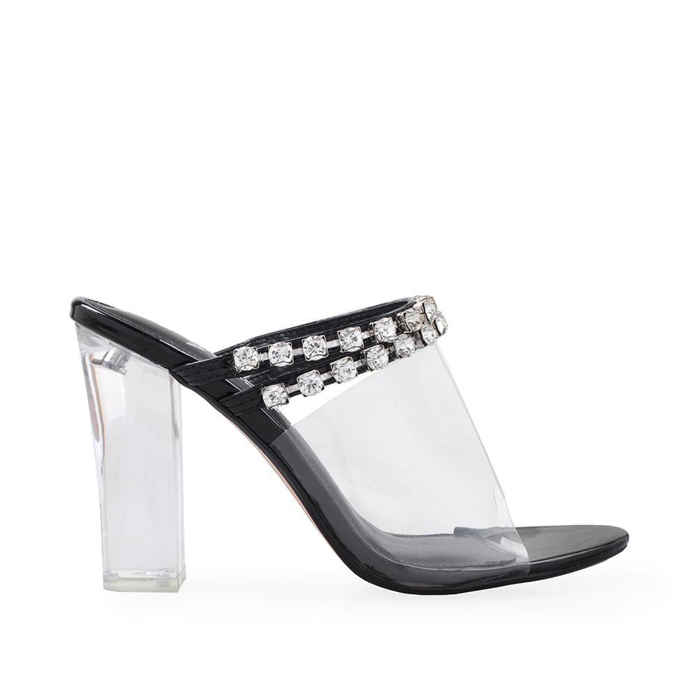 Black women heels with clear venyl upper and embellishments