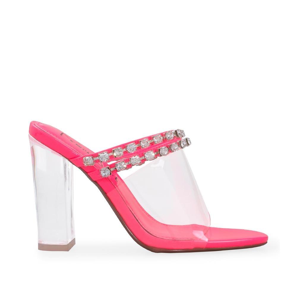 Neon pink women heels with clear venyl upper and embellishments