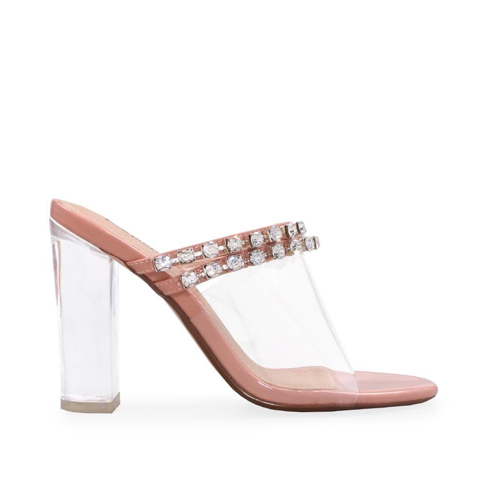 Nude women heels with clear venyl upper and embellishments