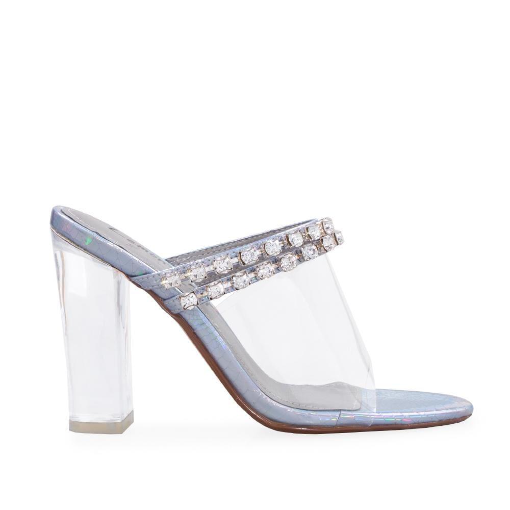 Silver women heels with clear venyl upper and embellishments