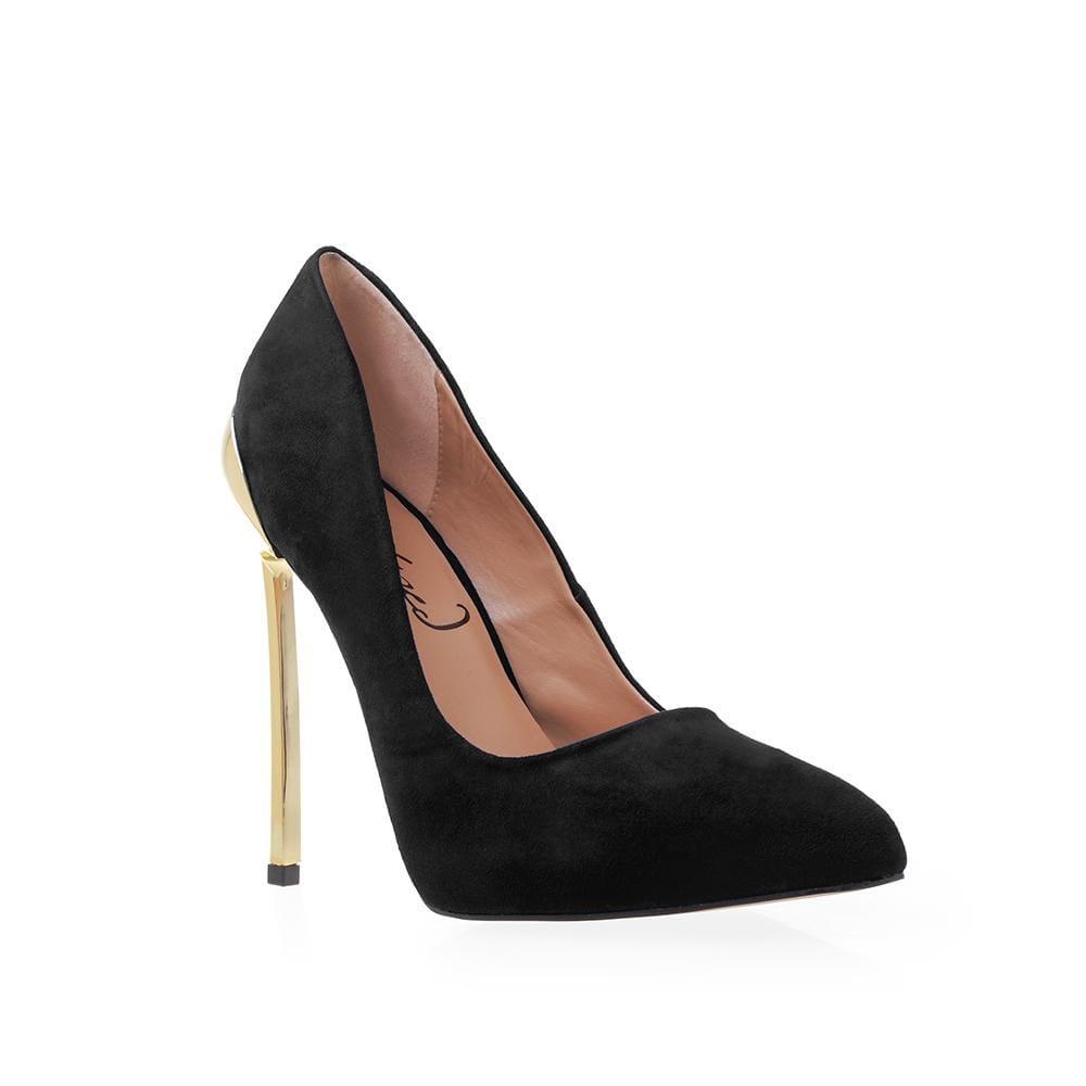 Vegan suede women shoe metallic heels in black-front view