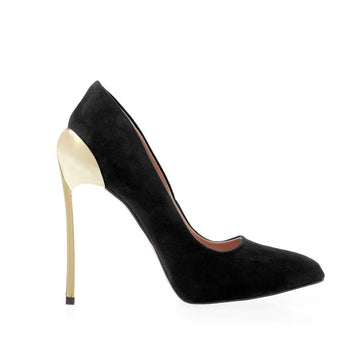 Vegan suede women shoe metallic heels in black-side view