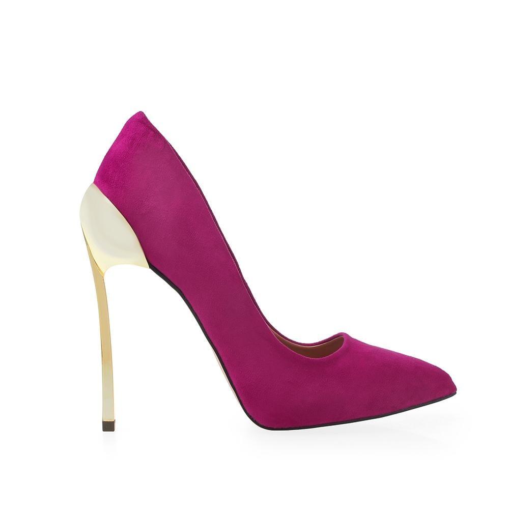 Vegan suede women shoe metallic heels in magenta