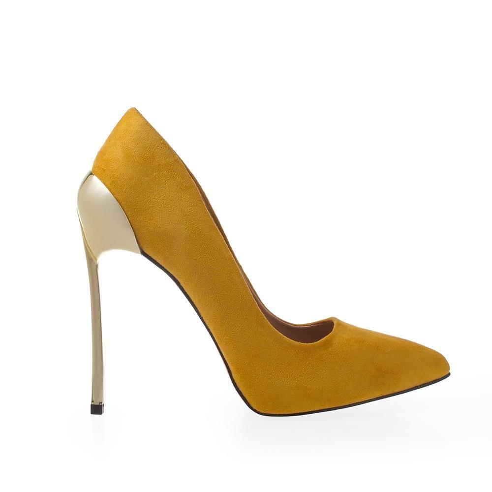 Vegan suede women shoe metallic heels in mustard