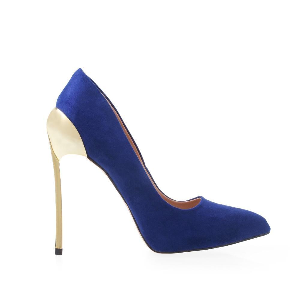 Vegan suede women shoe metallic heels in navy