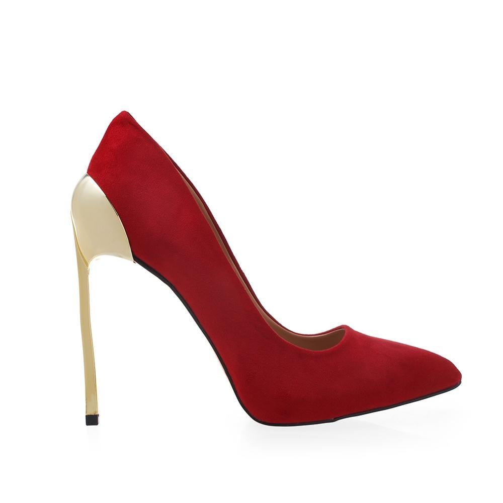 Vegan suede women shoe metallic heels in red