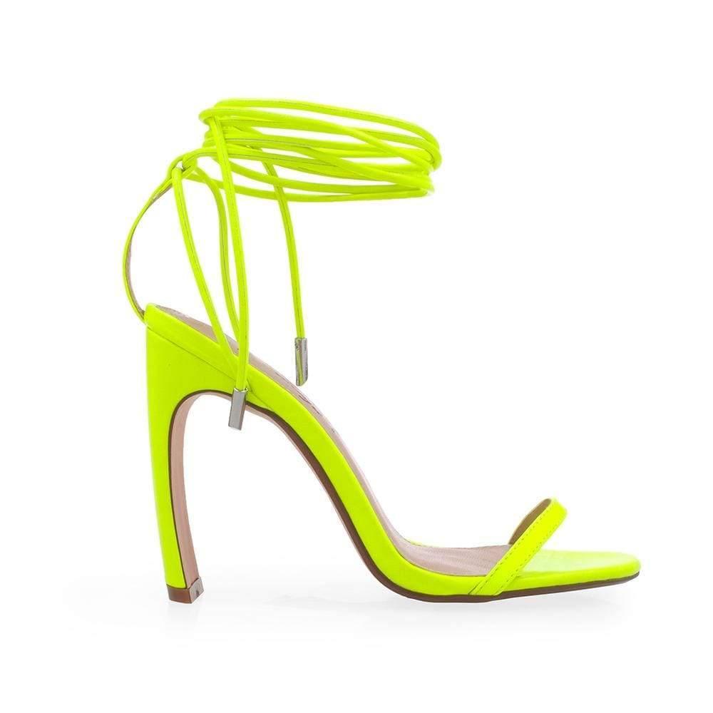 Neon yellow vegan suede upper women heels with chain ankle strap