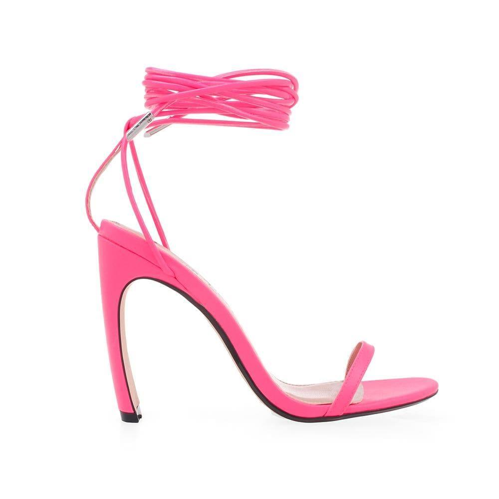 Neon pink vegan suede upper women heels with chain ankle strap