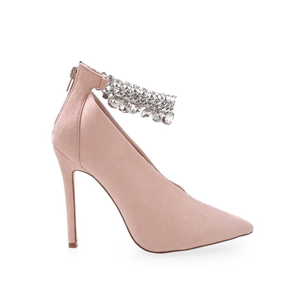 Blush vegan suede upper women heels with chain ankle strap