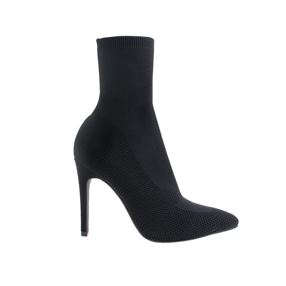 Black colored ankle high boot heels with slip on design