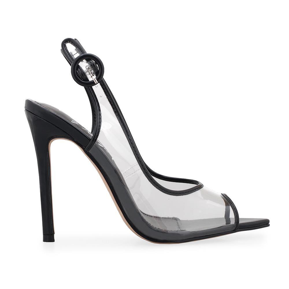 Black sandal with a clear upper and ankle buckle closure