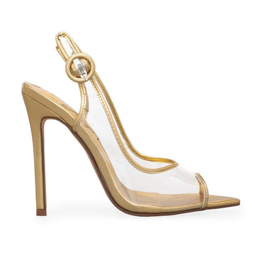 Metallic gold sandal with transparent upper and ankle buckle clasp