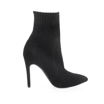 Black colored ankle high boot heels with slip on design and pointed toe
