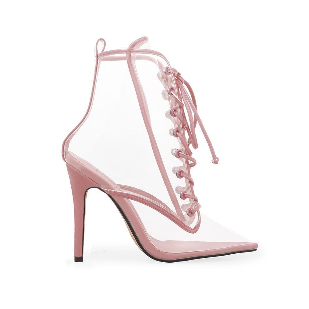 Ankle high boot heels in nude with a transparent top and lace up clasp.