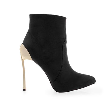 Black colored ankle boot with pointy toe and metallic heel