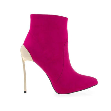 Ankle boot in fuchsia with metallic heel and side zipper clasp.