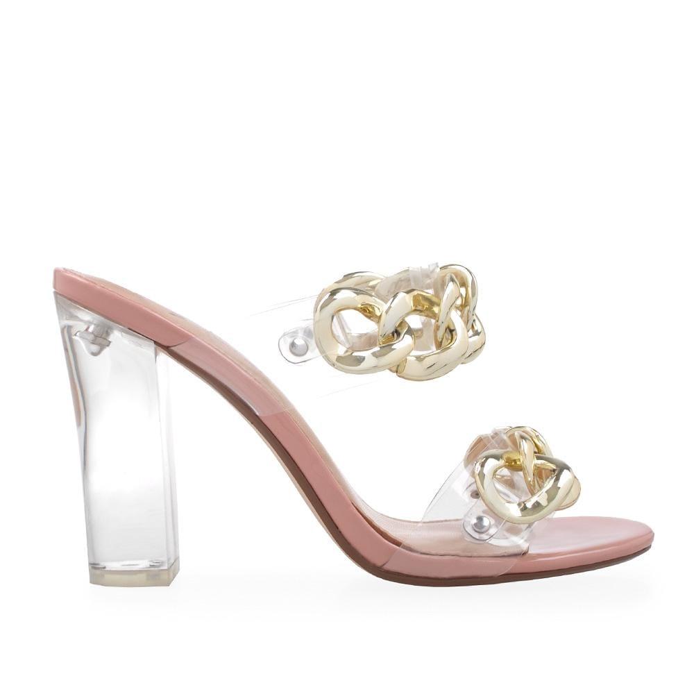 Translucent block heel with golden chain accent and clear upper in nude color