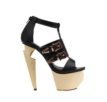 Black platform heels with side buckle design and back zipper closure