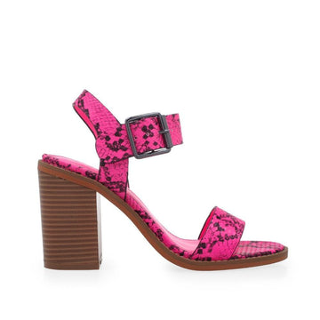 Women's brown block heels with pink snake skin top and ankle buckle closure