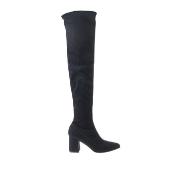 Thigh high boots with textile upper and block heels in black color
